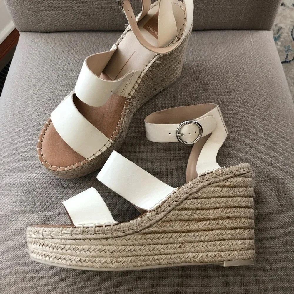 Dolce Vita Womens 10 Cream‎ Leather Espadrille Wedge Sandals Summer 4.5” Heel